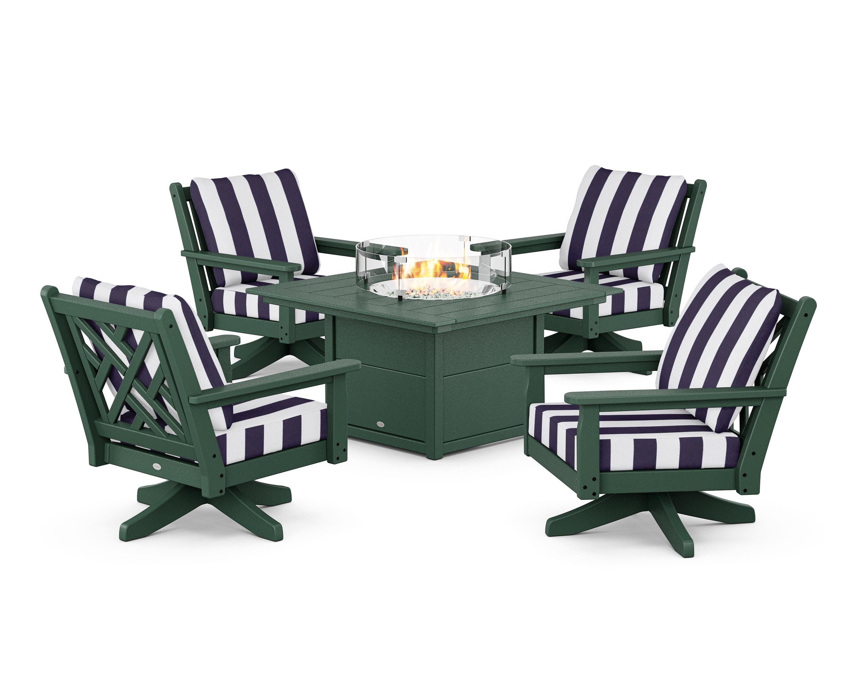 POLYWOOD® Chippendale 5-Piece Deep Seating Swivel Conversation Set with Fire Pit Table in Green / Cabana Stripe Navy