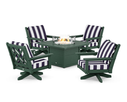 POLYWOOD® Chippendale 5-Piece Deep Seating Swivel Conversation Set with Fire Pit Table in Green / Cabana Stripe Navy