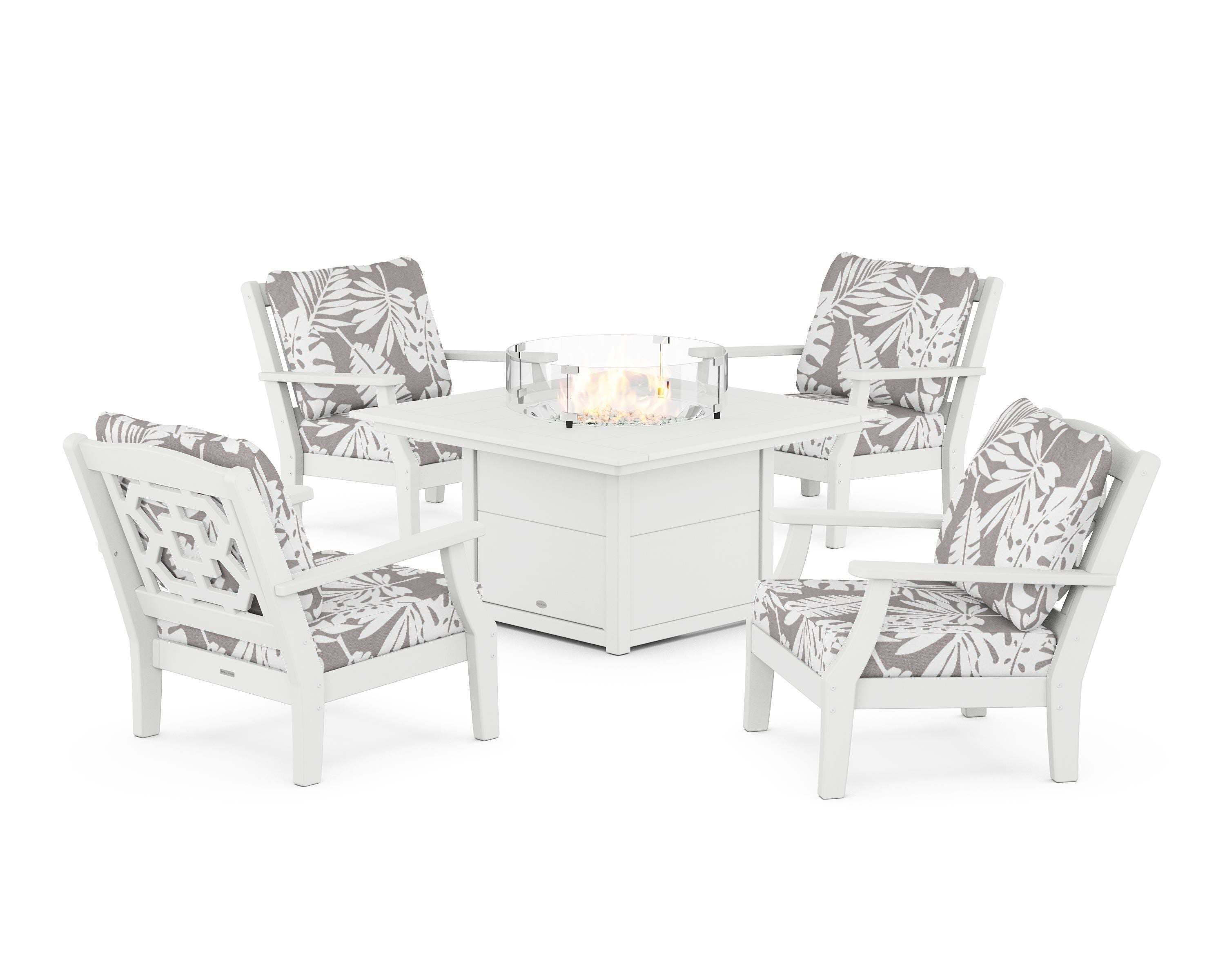 Martha Stewart by POLYWOOD® Chinoiserie 5-Piece Deep Seating Set with Fire Pit Table in White / Leaf Grey Mist