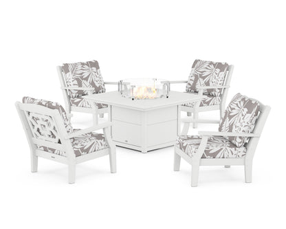 Martha Stewart by POLYWOOD® Chinoiserie 5-Piece Deep Seating Set with Fire Pit Table in White / Leaf Grey Mist