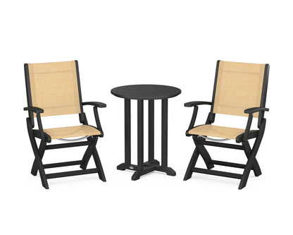 POLYWOOD® Coastal Folding 3-Piece Round Bistro Dining Set in Black / Dupioni Apricot Sling
