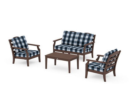 Draper James™ by  POLYWOOD® Savannah 4-Piece Deep Seating Set with Loveseat in Mahogany / Buffalo Plaid Marine Indigo