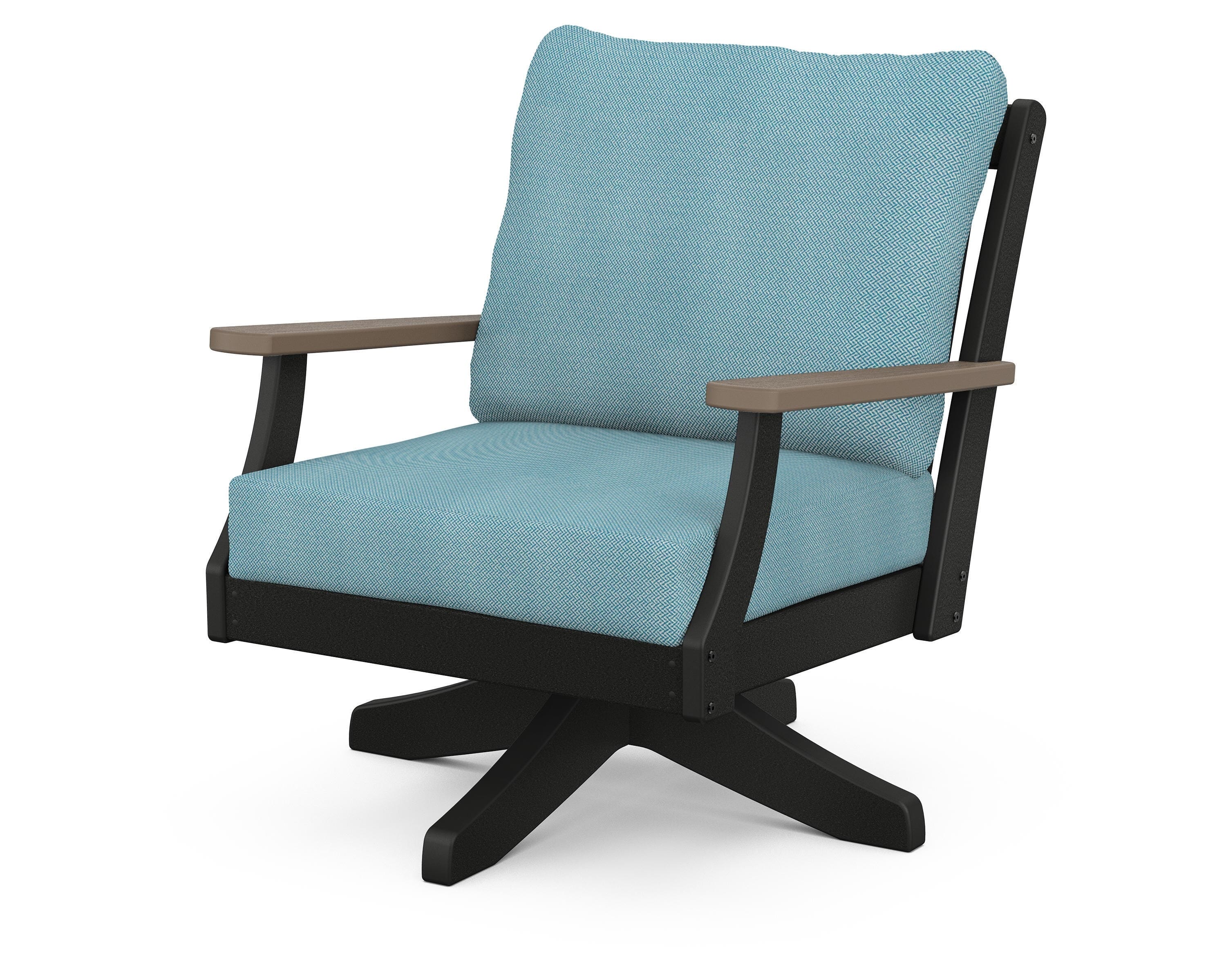 POLYWOOD® Braxton Deep Seating Swivel Chair in Black / Kona / Lattice Sky Blue