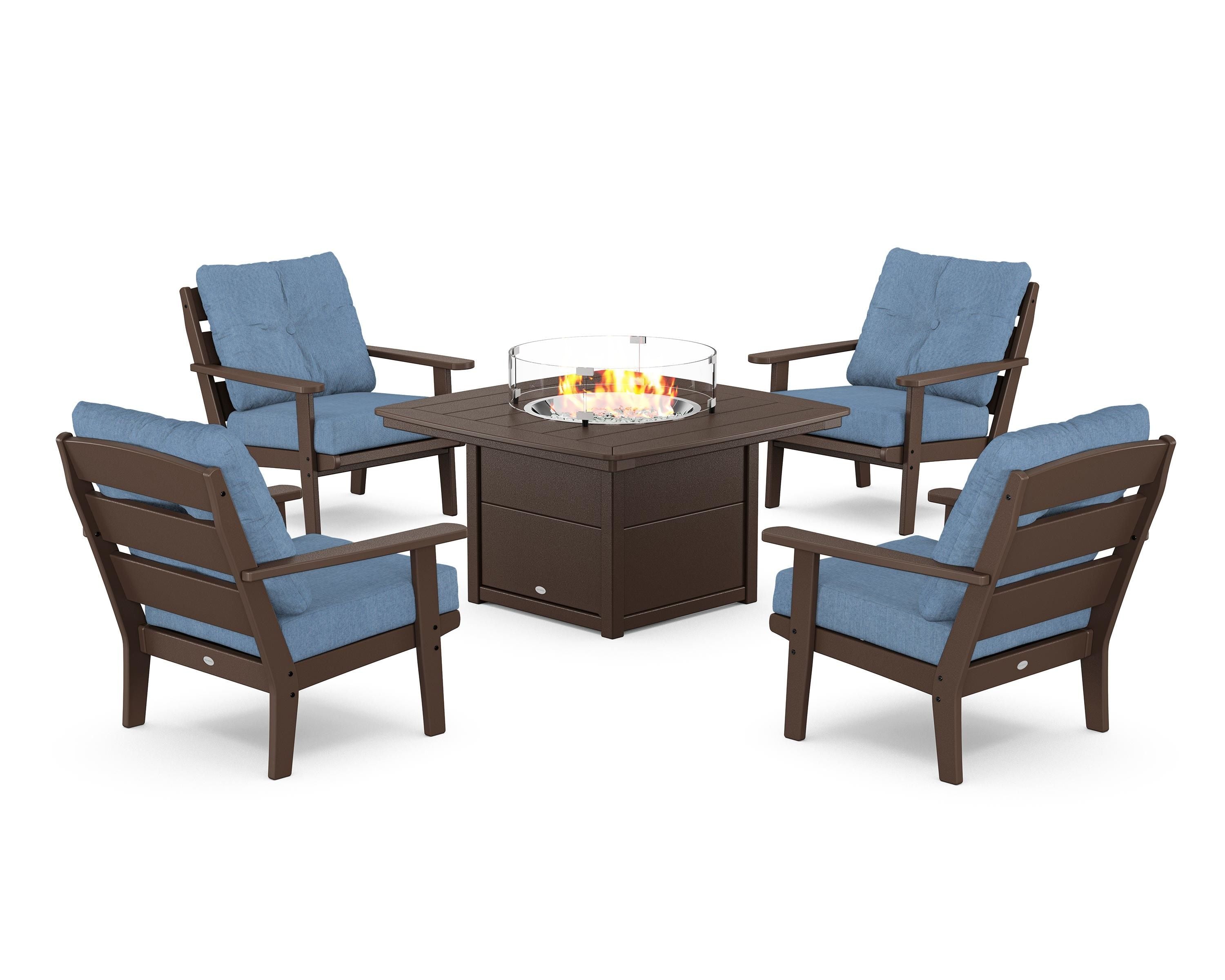 POLYWOOD® Lakeside 5-Piece Deep Seating Set with Nautical Fire Pit Table in Mahogany / Sky Blue