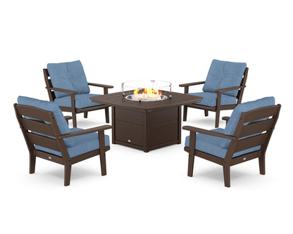 POLYWOOD® Lakeside 5-Piece Deep Seating Set with Nautical Fire Pit Table in Mahogany / Sky Blue