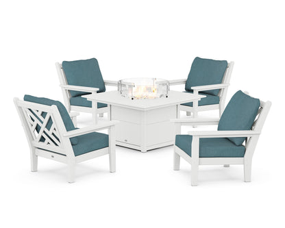 POLYWOOD® Chippendale 5-Piece Deep Seating Set with Fire Pit Table in White / Ocean Teal