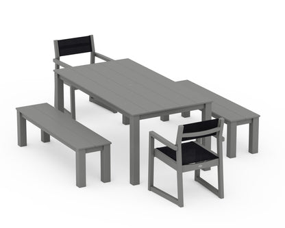 POLYWOOD® EDGE Sling Arm Chair 5-Piece Parsons Dining Set with Benches in Slate Grey / Black Sling