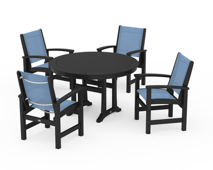 POLYWOOD® Coastal 5-Piece Round Dining Set with Trestle Legs in Black / Poolside Sling