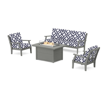 POLYWOOD® Braxton Deep Seating Fire Pit Table Set in Slate Grey / Trellis Navy