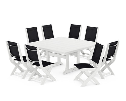 POLYWOOD® Coastal Folding Side Chair 9-Piece Farmhouse Dining Set in White / Black Sling