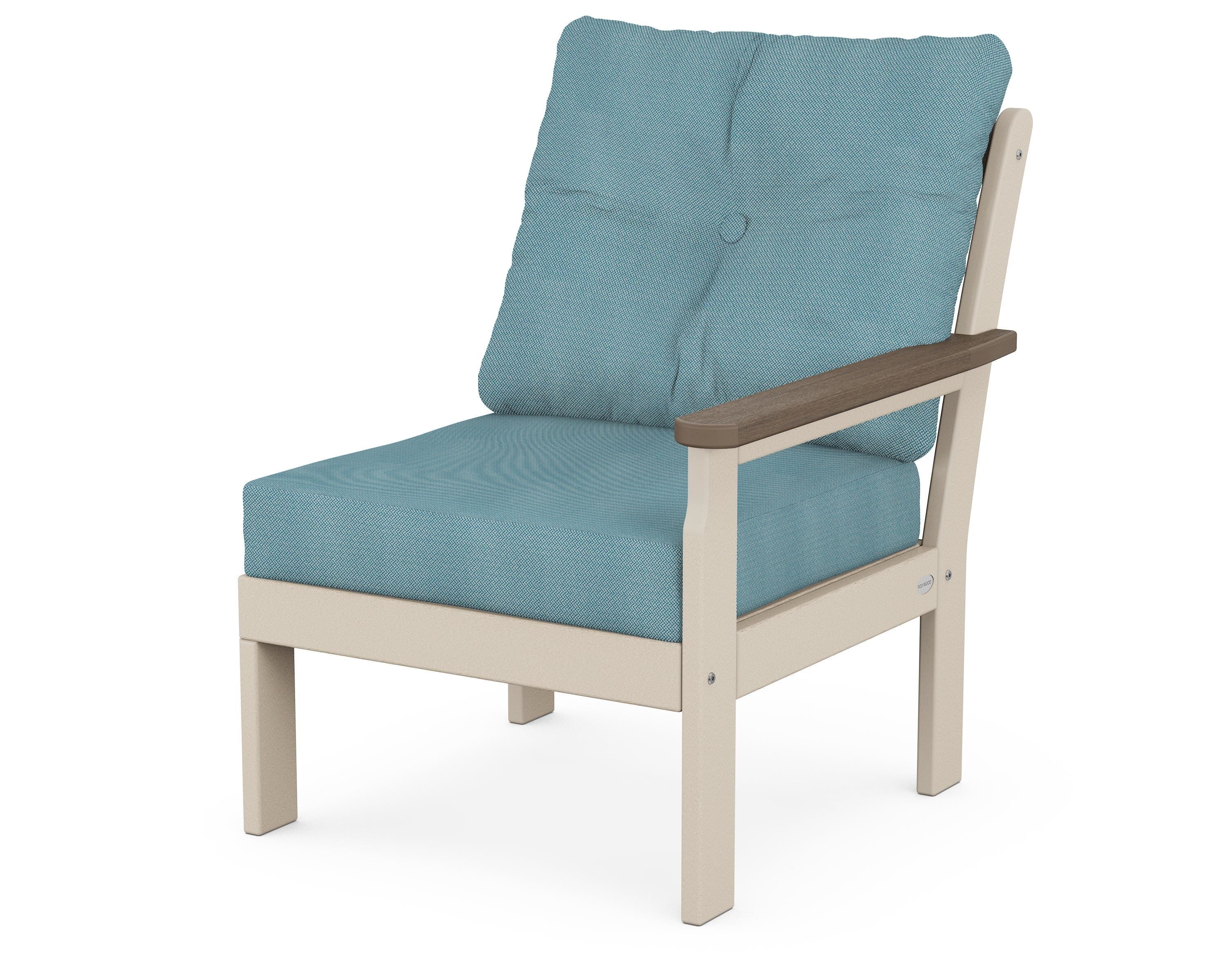 POLYWOOD® Vineyard Modular Right Arm Chair in Sand / Kona / Lattice Sky Blue
