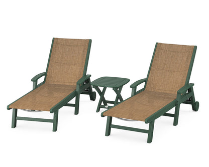 POLYWOOD® Coastal 3-Piece Wheeled Chaise Set in Green / Burlap Sling