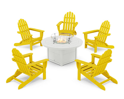 POLYWOOD® Classic Folding Adirondack 6-Piece Conversation Set with Fire Pit Table in Lemon / White