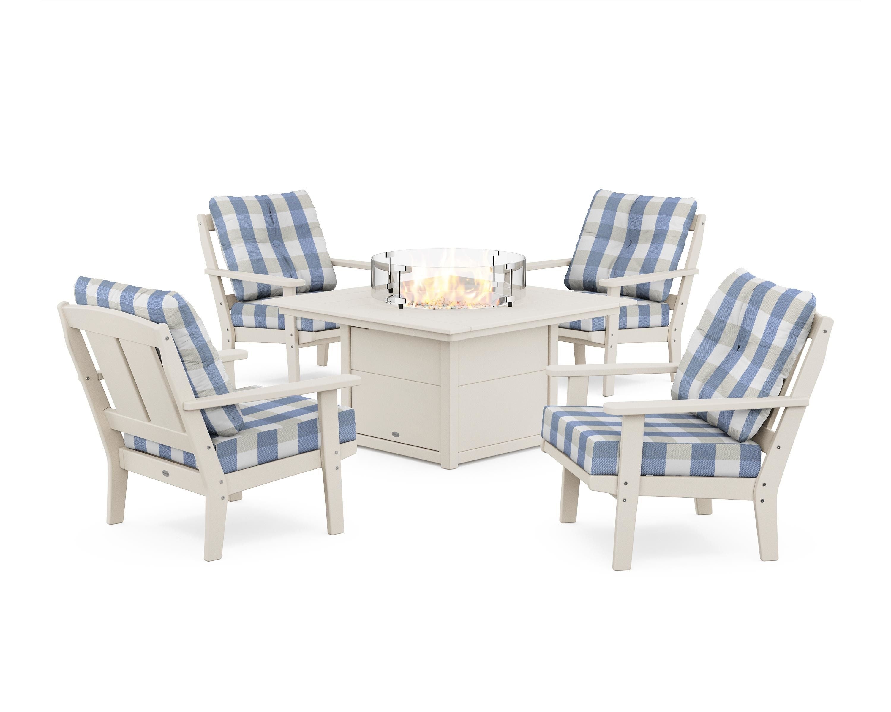 POLYWOOD® Mission 5-Piece Deep Seating Set with Fire Pit Table in Sand / Buffalo Plaid Sky Blue