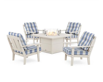 POLYWOOD® Mission 5-Piece Deep Seating Set with Fire Pit Table in Sand / Buffalo Plaid Sky Blue