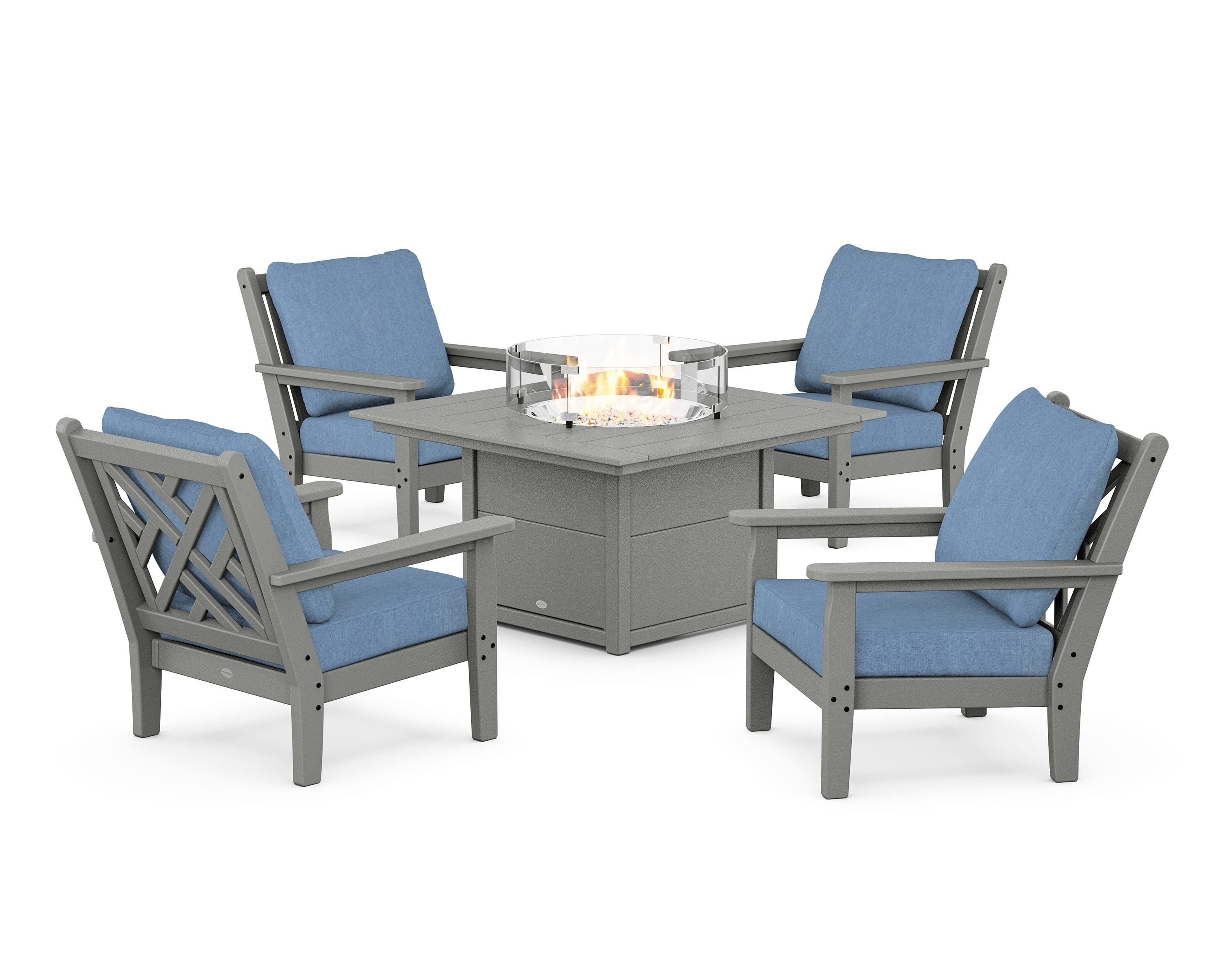 POLYWOOD® Chippendale 5-Piece Deep Seating Set with Fire Pit Table in Slate Grey / Sky Blue
