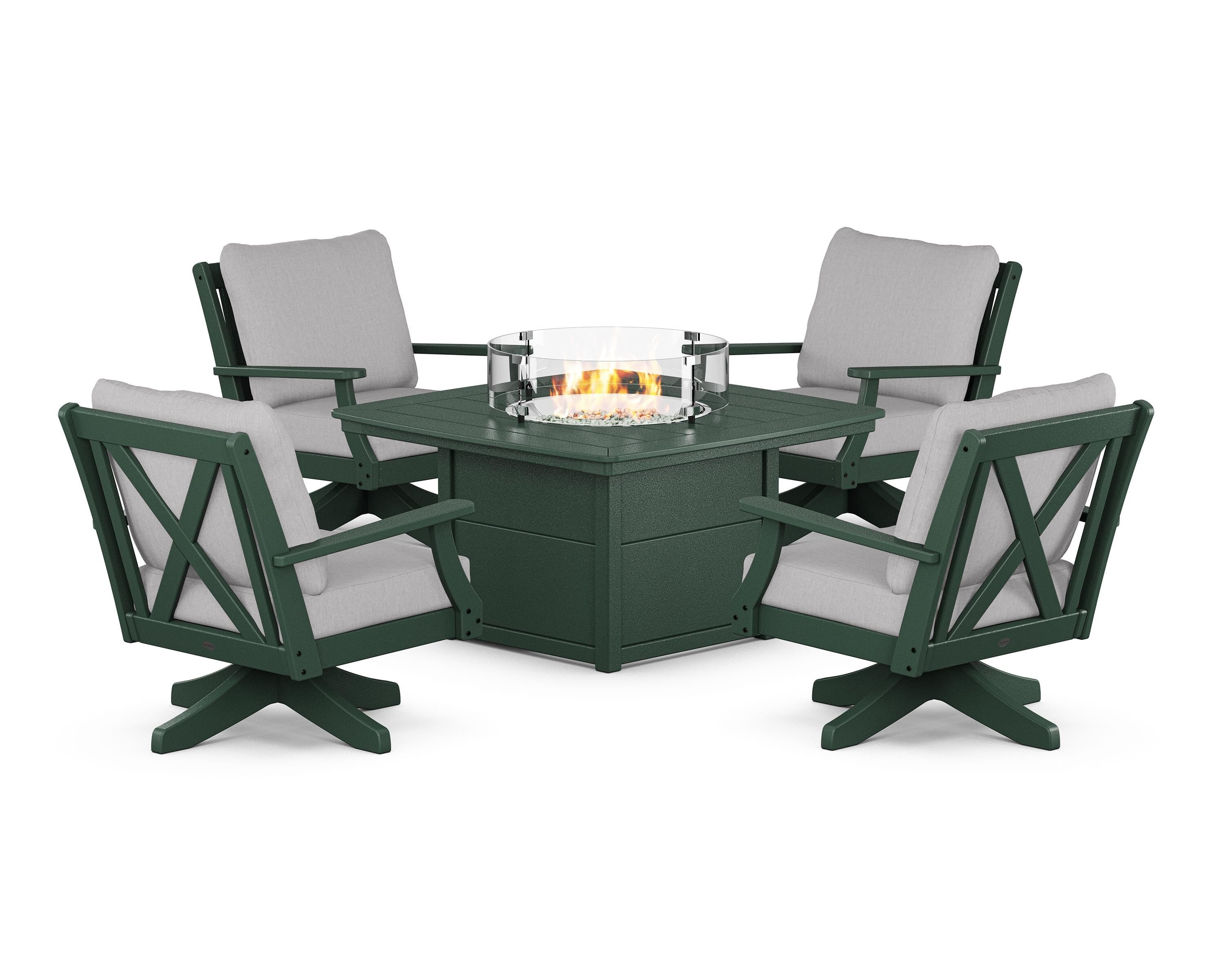 POLYWOOD® Braxton 5-Piece Deep Seating Swivel Conversation Set with Fire Pit Table in Green / Granite