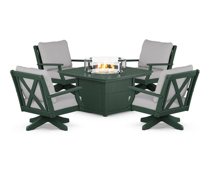 POLYWOOD® Braxton 5-Piece Deep Seating Swivel Conversation Set with Fire Pit Table in Green / Granite