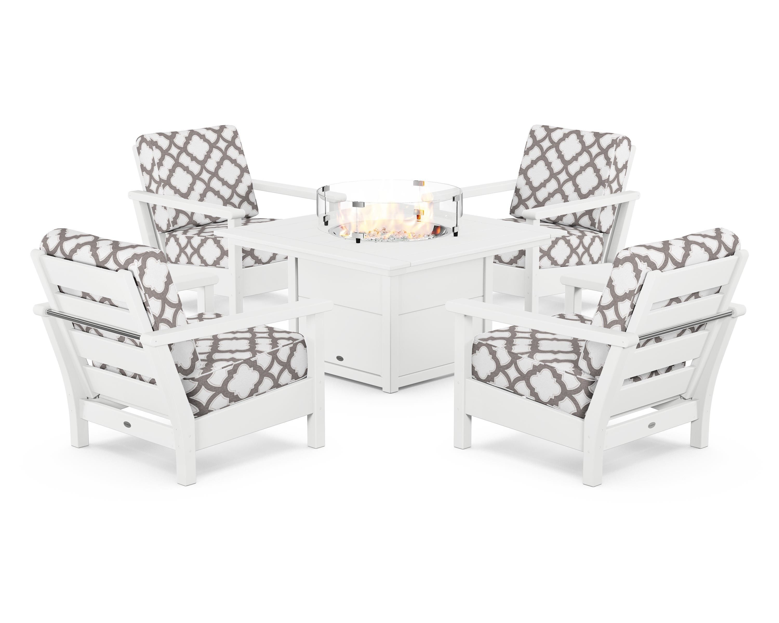 POLYWOOD® Harbour 5-Piece Conversation Set with Fire Pit Table in White / Trellis Grey Mist
