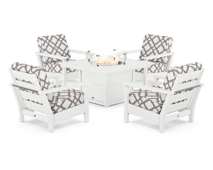 POLYWOOD® Harbour 5-Piece Conversation Set with Fire Pit Table in White / Trellis Grey Mist