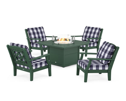 Martha Stewart by POLYWOOD® Chinoiserie 5-Piece Deep Seating Set with Fire Pit Table in Green / Buffalo Plaid Navy