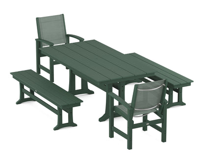 POLYWOOD® Coastal 5-Piece Farmhouse Dining Set with Trestle Legs and Benches in Green / Dupioni Sea Mist Sling