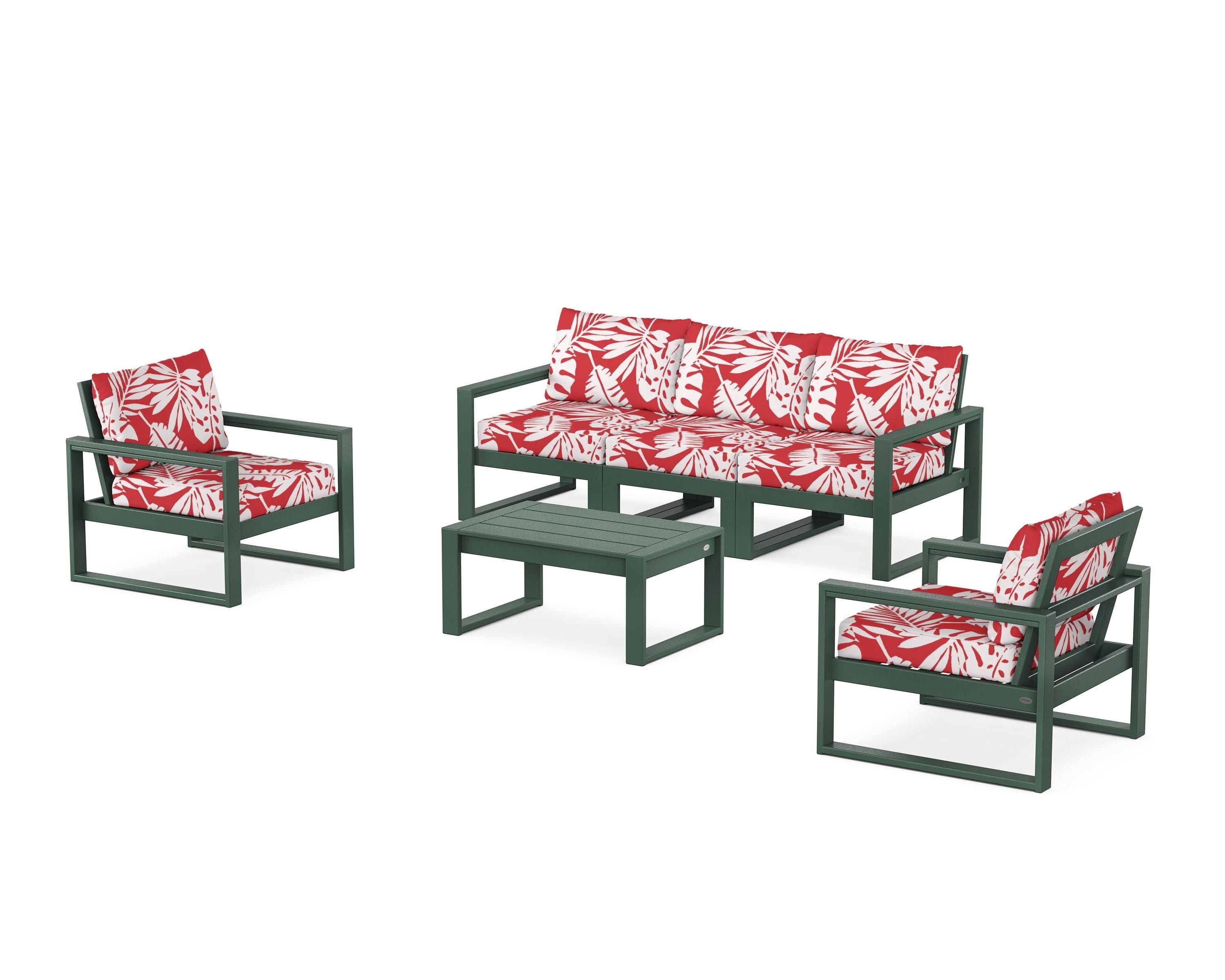 POLYWOOD® EDGE Sectional 4-Piece Deep Seating Set with Sofa in Green / Leaf Crimson