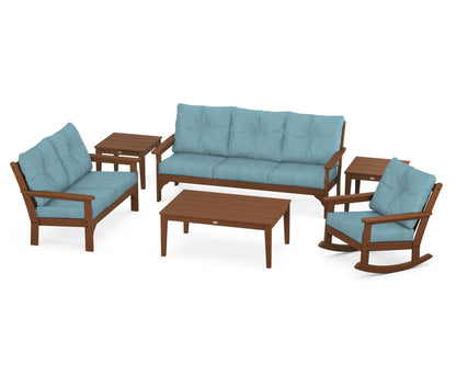 POLYWOOD® Vineyard 6-Piece Deep Seating Set in Teak / Lattice Sky Blue