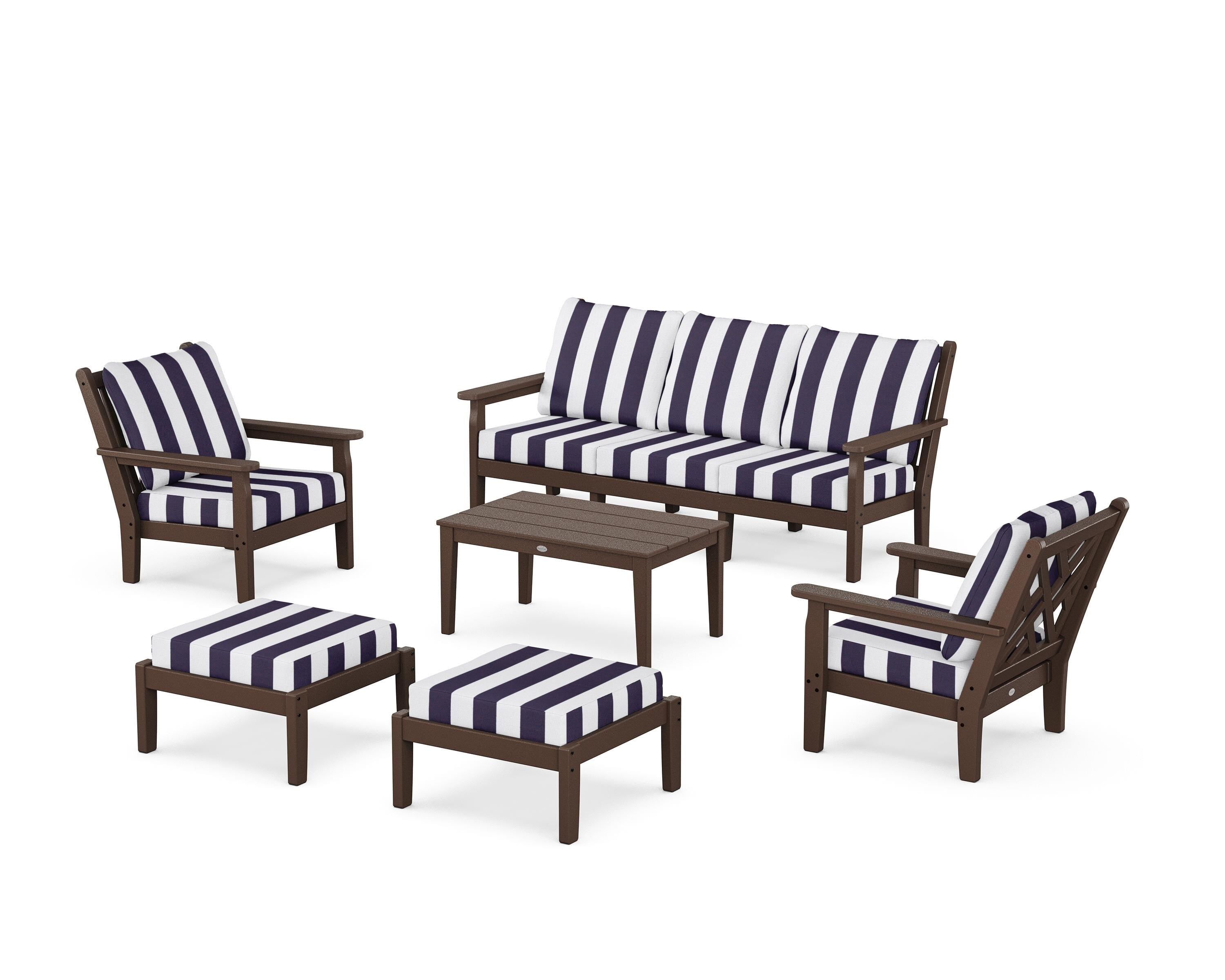 POLYWOOD® Chippendale 6-Piece Lounge Sofa Set in Mahogany / Cabana Stripe Navy