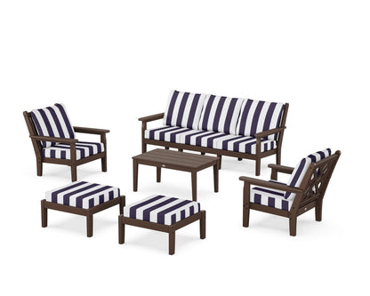 POLYWOOD® Chippendale 6-Piece Lounge Sofa Set in Mahogany / Cabana Stripe Navy