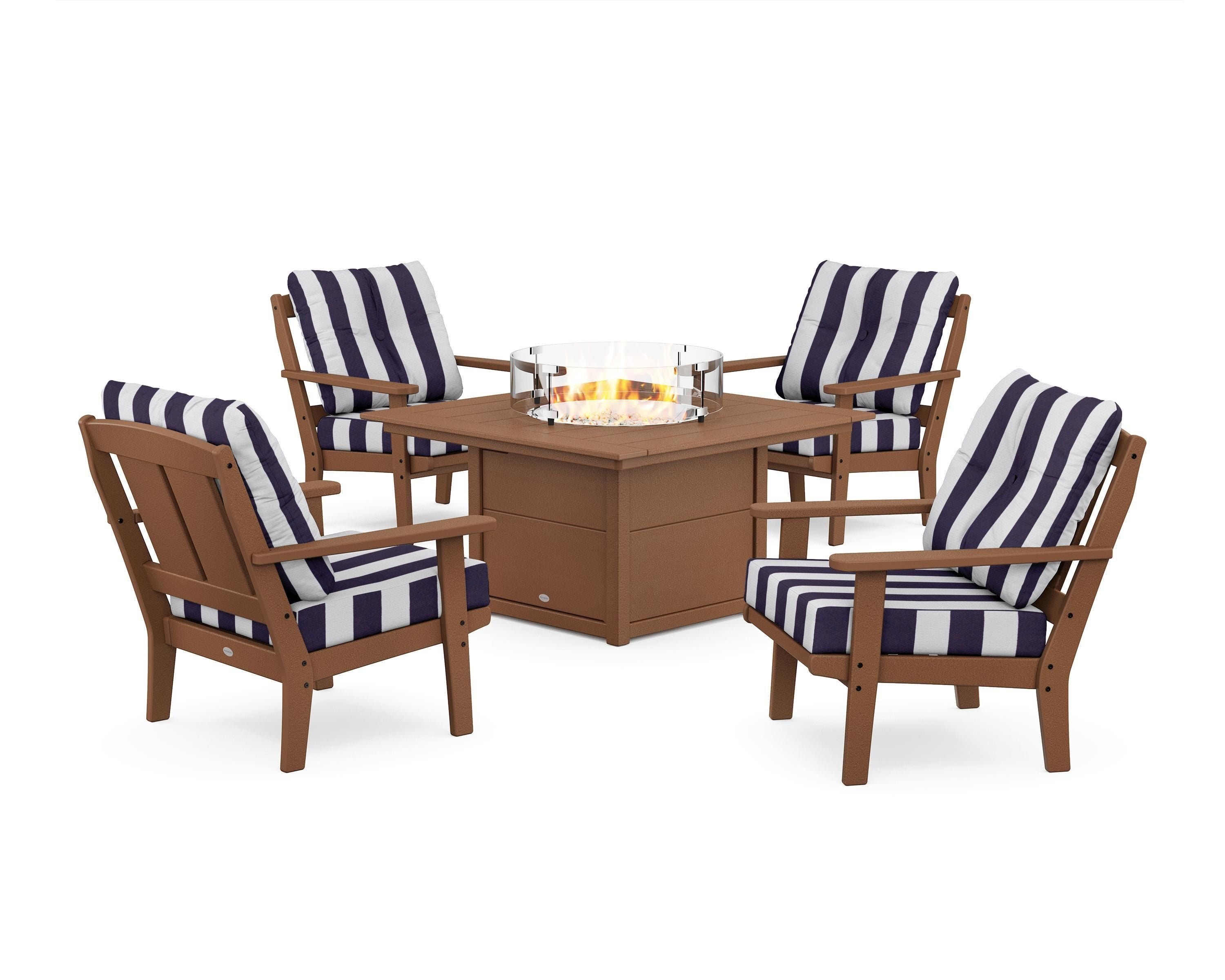 POLYWOOD® Mission 5-Piece Deep Seating Set with Fire Pit Table in Teak / Cabana Stripe Navy