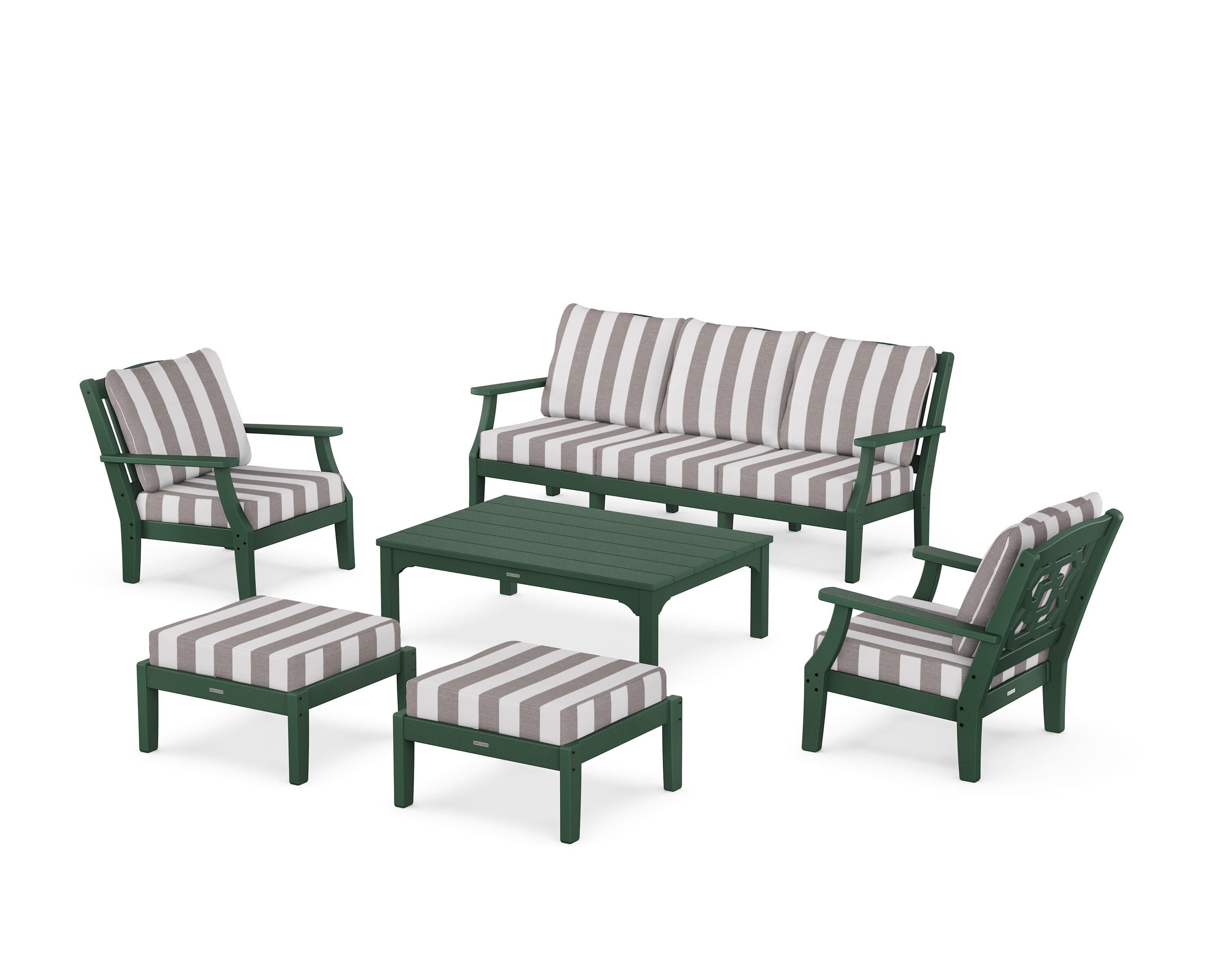 Martha Stewart by POLYWOOD® Chinoiserie 6-Piece Lounge Sofa Set in Green / Cabana Stripe Grey Mist