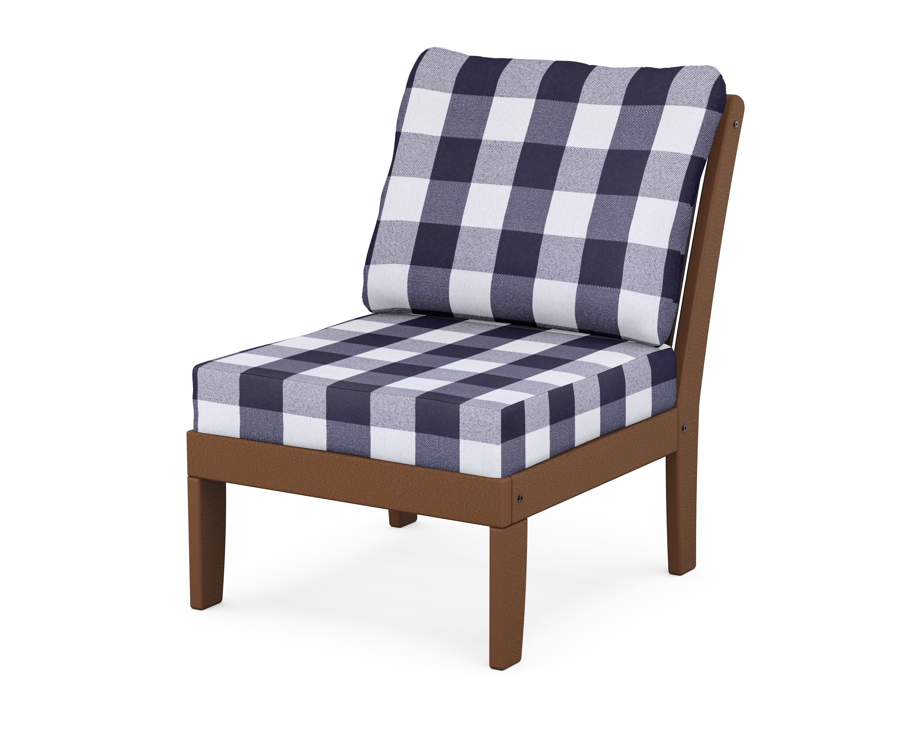 POLYWOOD® Braxton Modular Armless Chair in Teak / Buffalo Plaid Navy