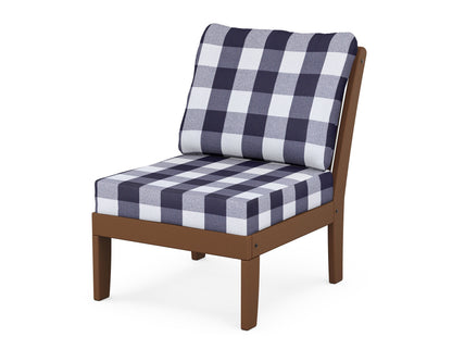 POLYWOOD® Braxton Modular Armless Chair in Teak / Buffalo Plaid Navy