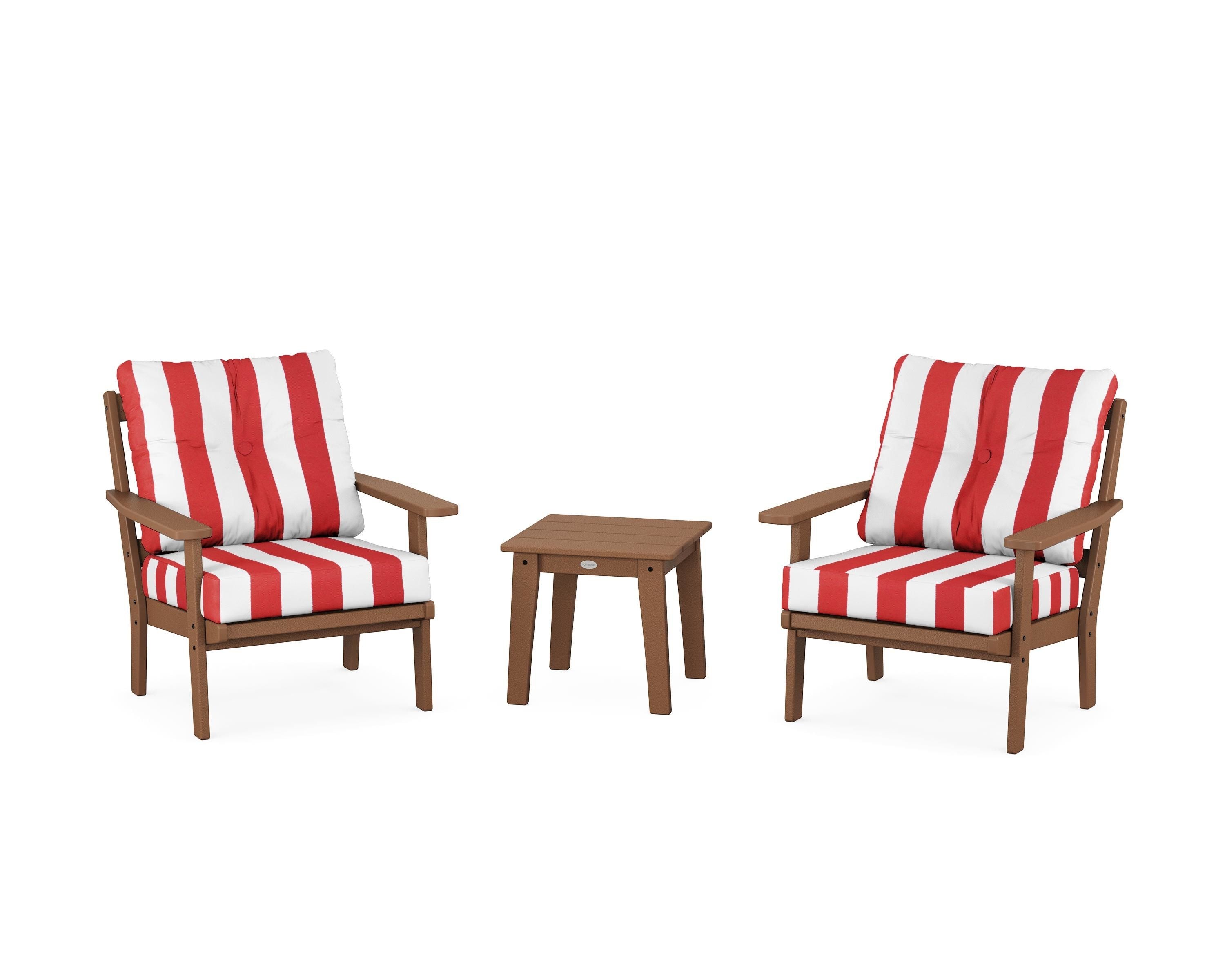POLYWOOD® Prairie 3-Piece Deep Seating Set in Teak / Cabana Stripe Crimson