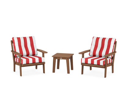 POLYWOOD® Prairie 3-Piece Deep Seating Set in Teak / Cabana Stripe Crimson
