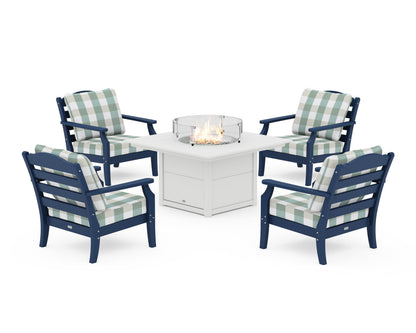 Draper James™ by  POLYWOOD® Savannah 5-Piece Deep Seating Set with Fire Pit Table in Navy / Buffalo Plaid Glacier Spa