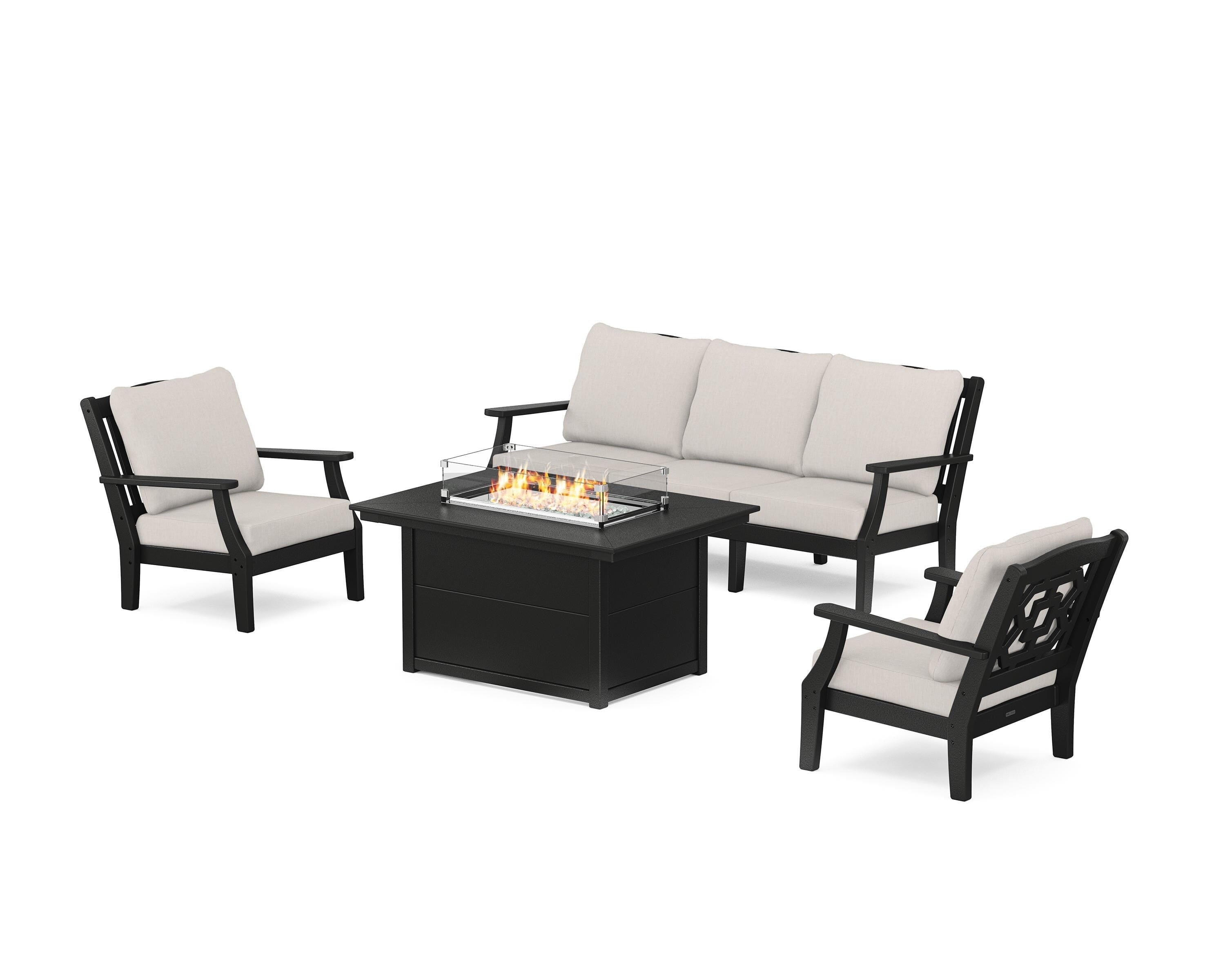 Martha Stewart by POLYWOOD® Chinoiserie Deep Seating Fire Pit Table Set in Black / Cast Ash