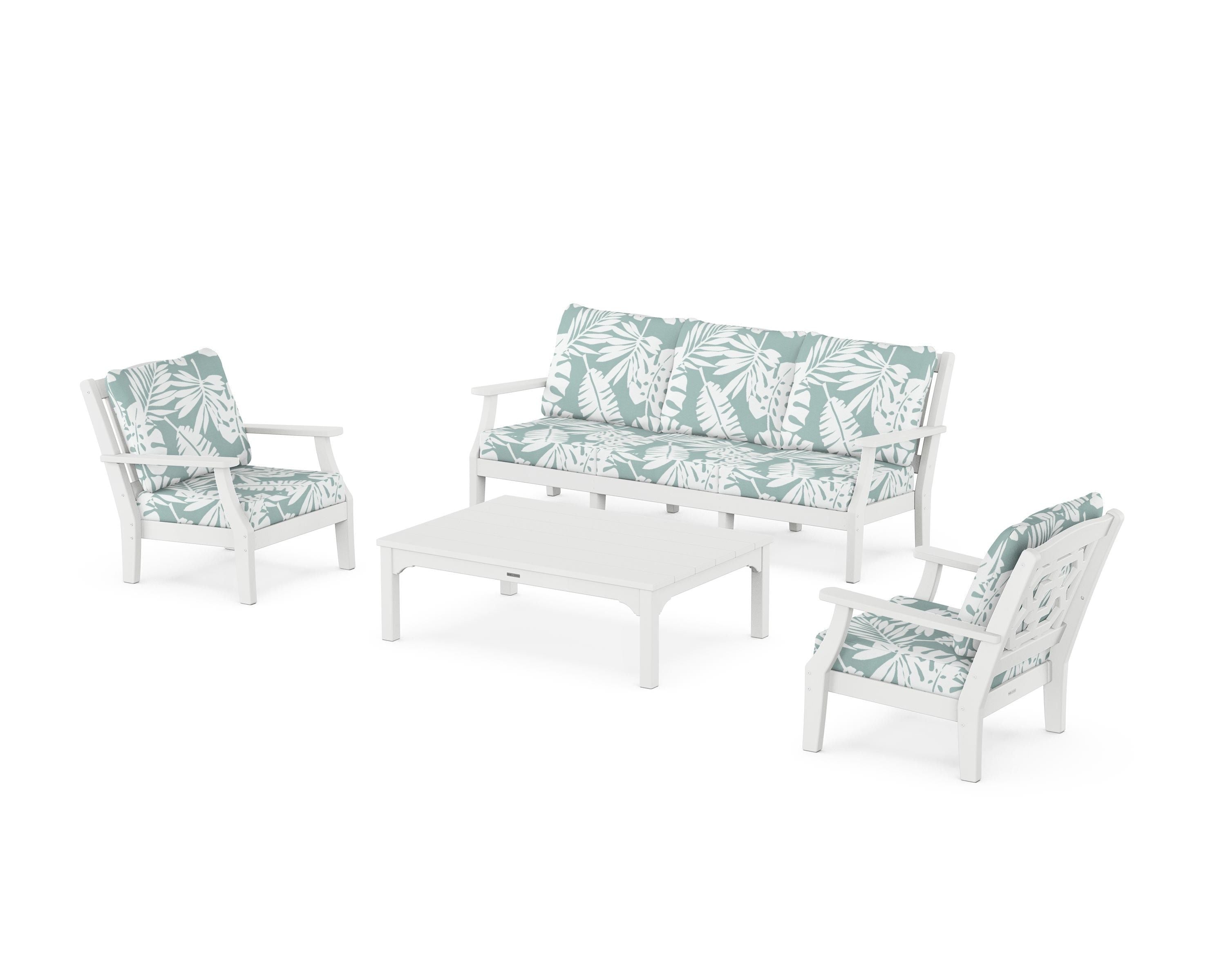 Martha Stewart by POLYWOOD® Chinoiserie 4-Piece Deep Seating Set with Sofa in White / Leaf Glacier Spa