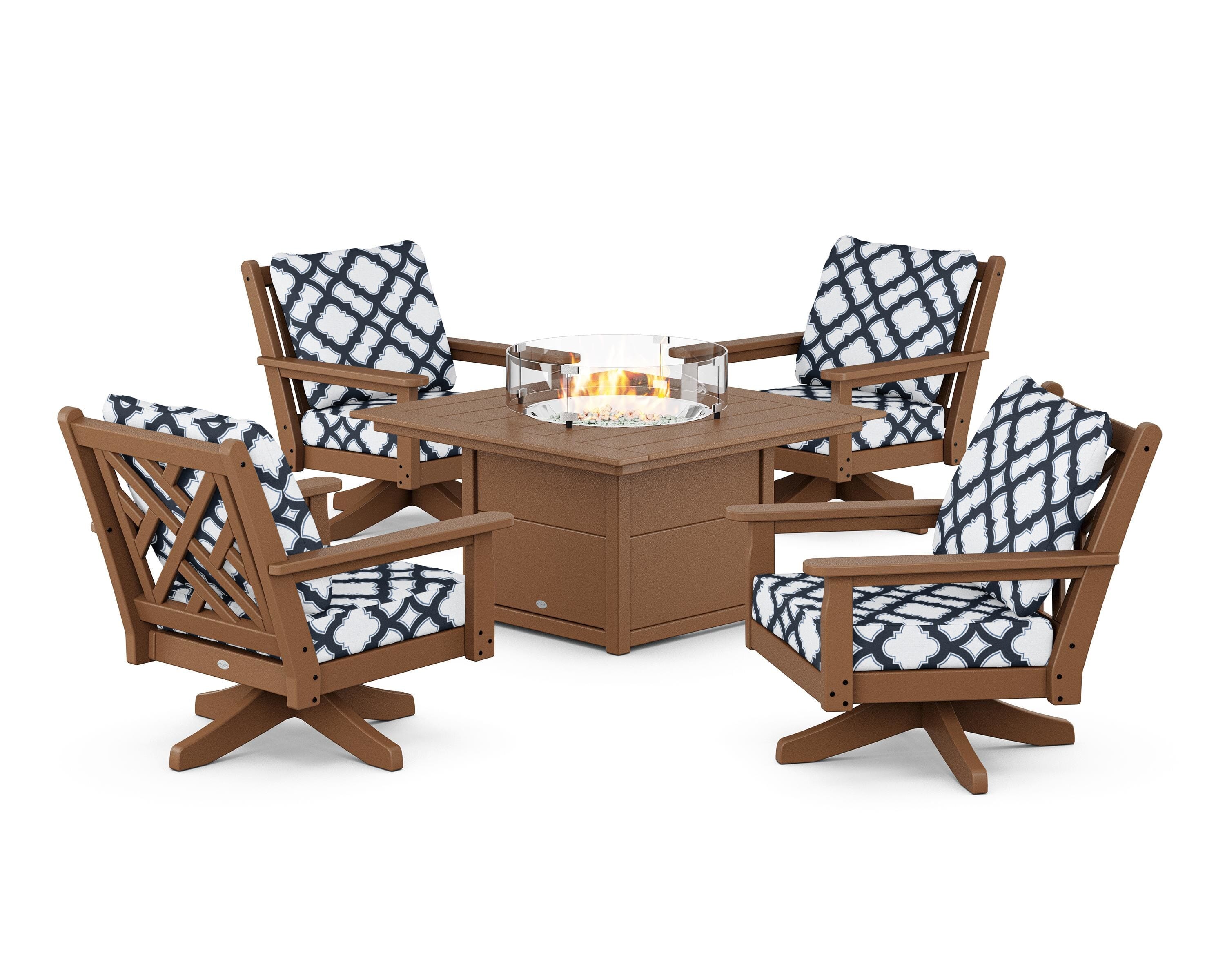 POLYWOOD® Chippendale 5-Piece Deep Seating Swivel Conversation Set with Fire Pit Table in Teak / Trellis Marine Indigo