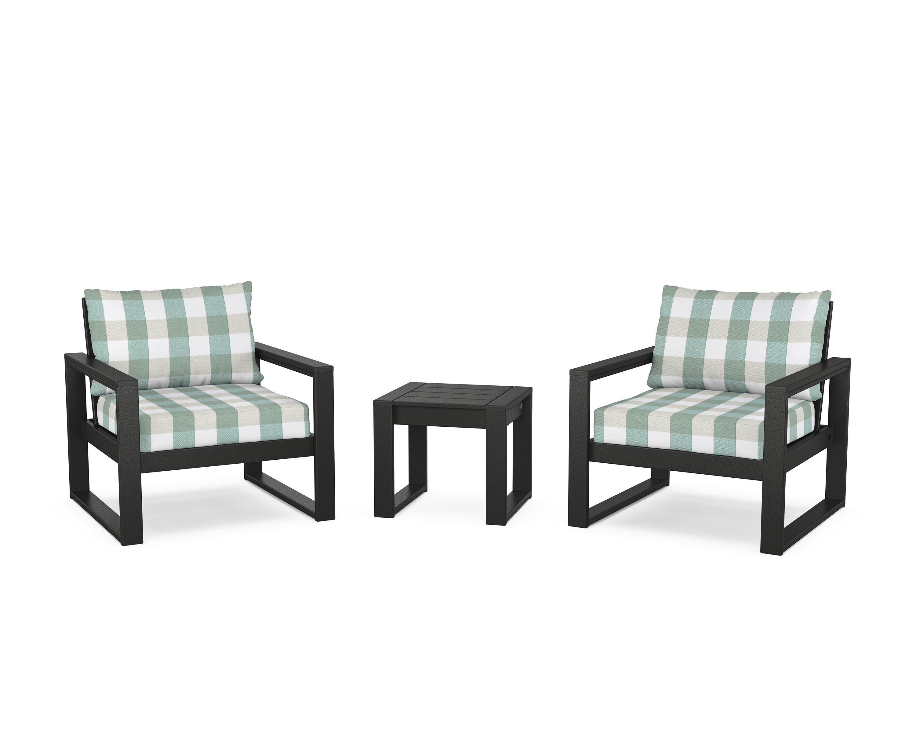 POLYWOOD® EDGE Sectional 3-Piece Deep Seating Set in Black / Buffalo Plaid Glacier Spa
