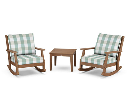 Country Living Wovendale 3-Piece Deep Seating Rocker Set in Teak / Buffalo Plaid Glacier Spa
