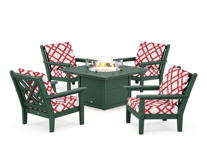 POLYWOOD® Chippendale 5-Piece Deep Seating Set with Fire Pit Table in Green / Trellis Crimson