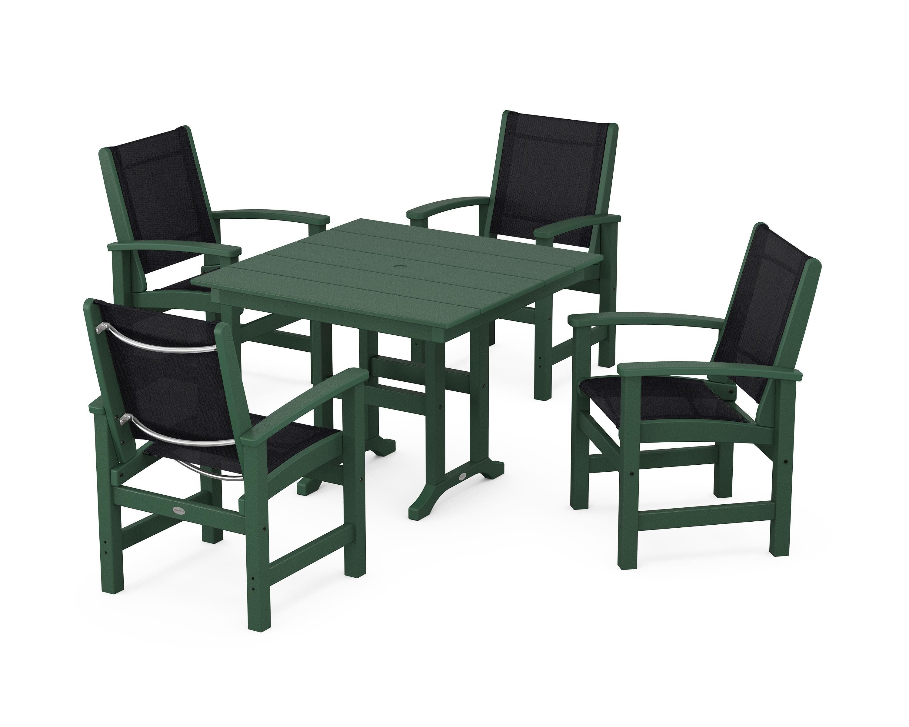 POLYWOOD® Coastal 5-Piece Farmhouse Dining Set in Green / Black Sling