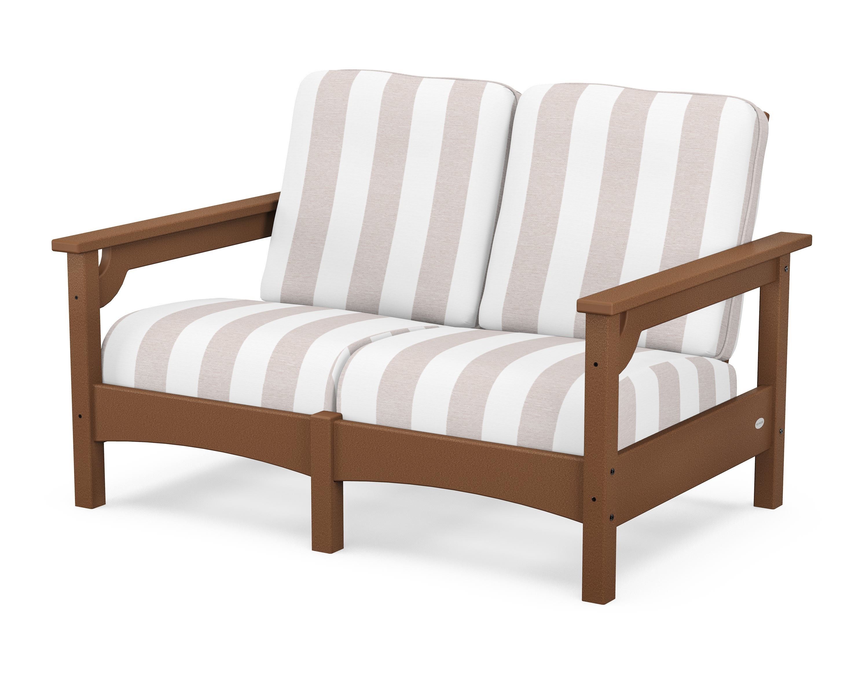 POLYWOOD® Club Loveseat in Teak / Cabana Stripe Dune Burlap
