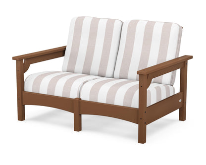 POLYWOOD® Club Loveseat in Teak / Cabana Stripe Dune Burlap