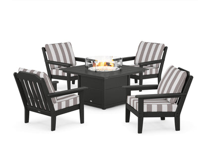 Country Living Cottage 5-Piece Deep Seating Set with Fire Pit Table in Black / Cabana Stripe Grey Mist