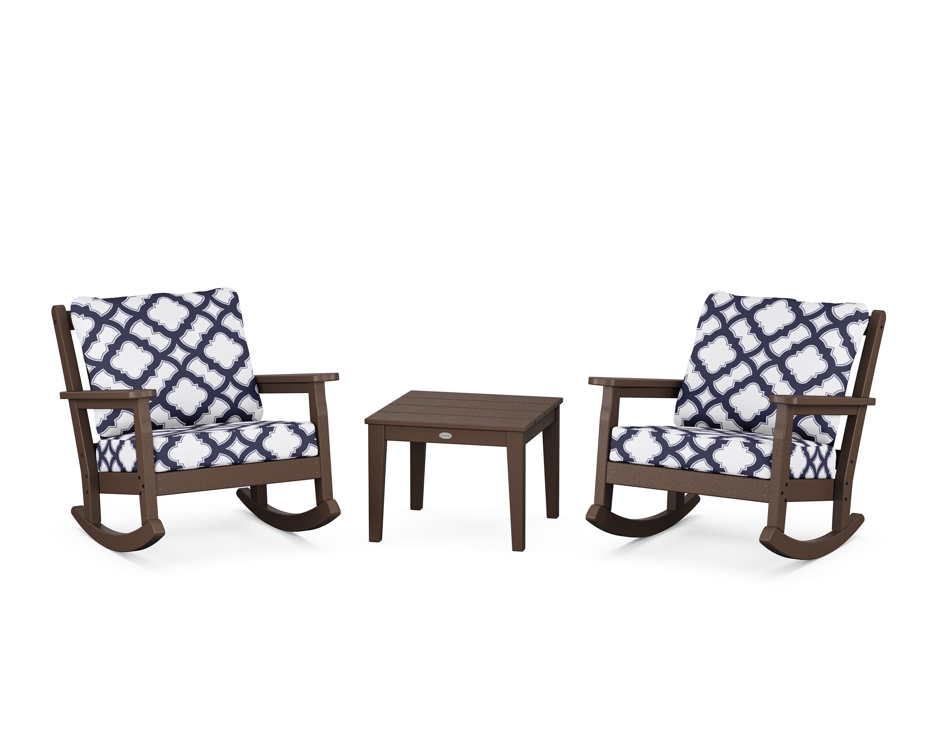 POLYWOOD® Chippendale 3-Piece Deep Seating Rocker Set in Mahogany / Trellis Navy