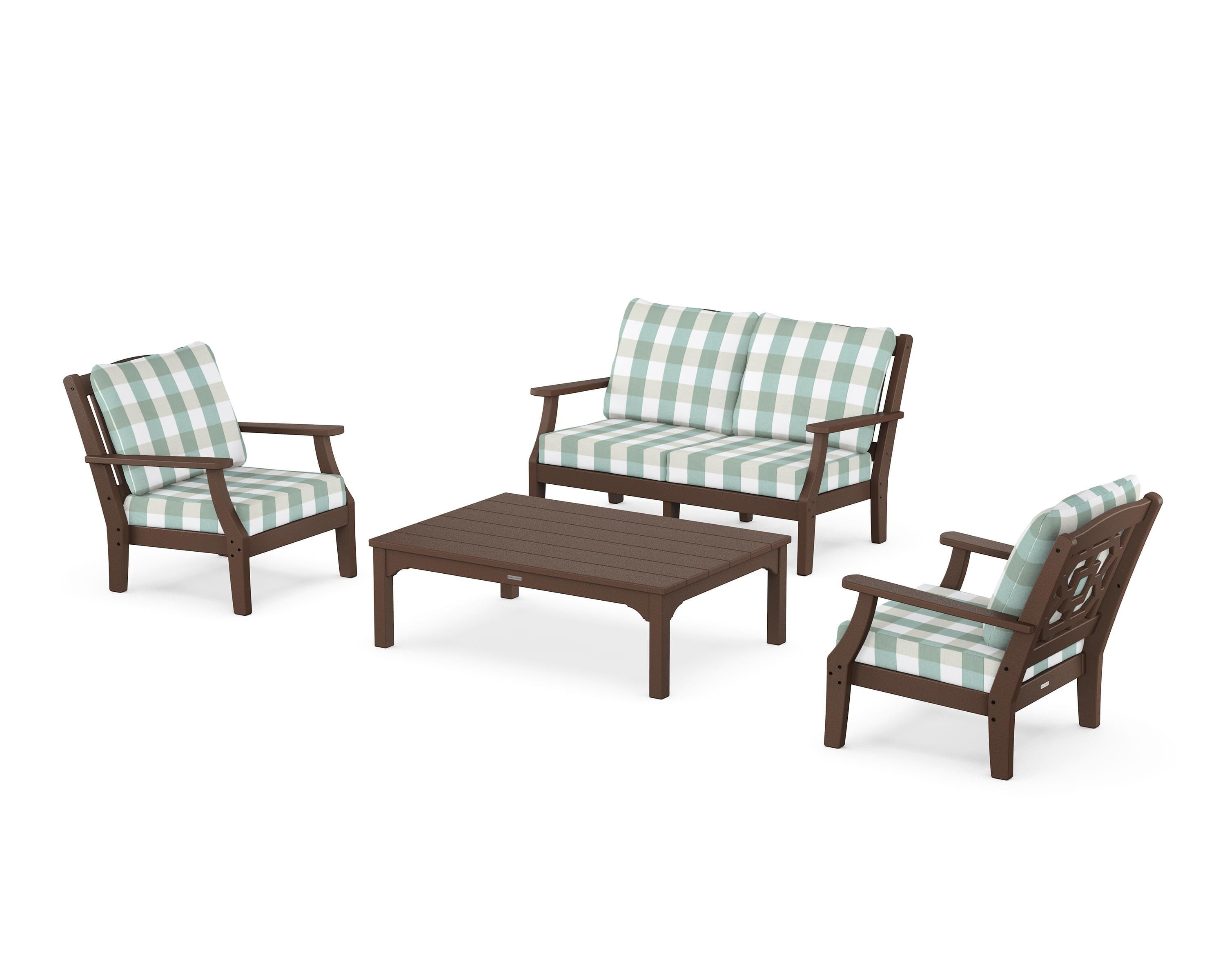 Martha Stewart by POLYWOOD® Chinoiserie 4-Piece Deep Seating Set with Loveseat in Mahogany / Buffalo Plaid Glacier Spa