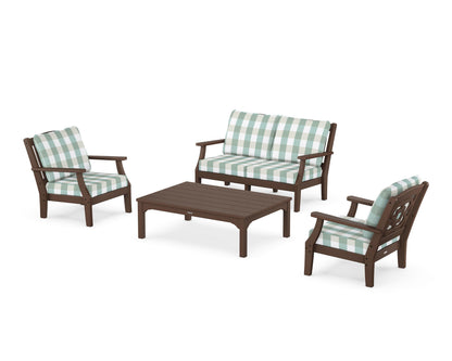 Martha Stewart by POLYWOOD® Chinoiserie 4-Piece Deep Seating Set with Loveseat in Mahogany / Buffalo Plaid Glacier Spa